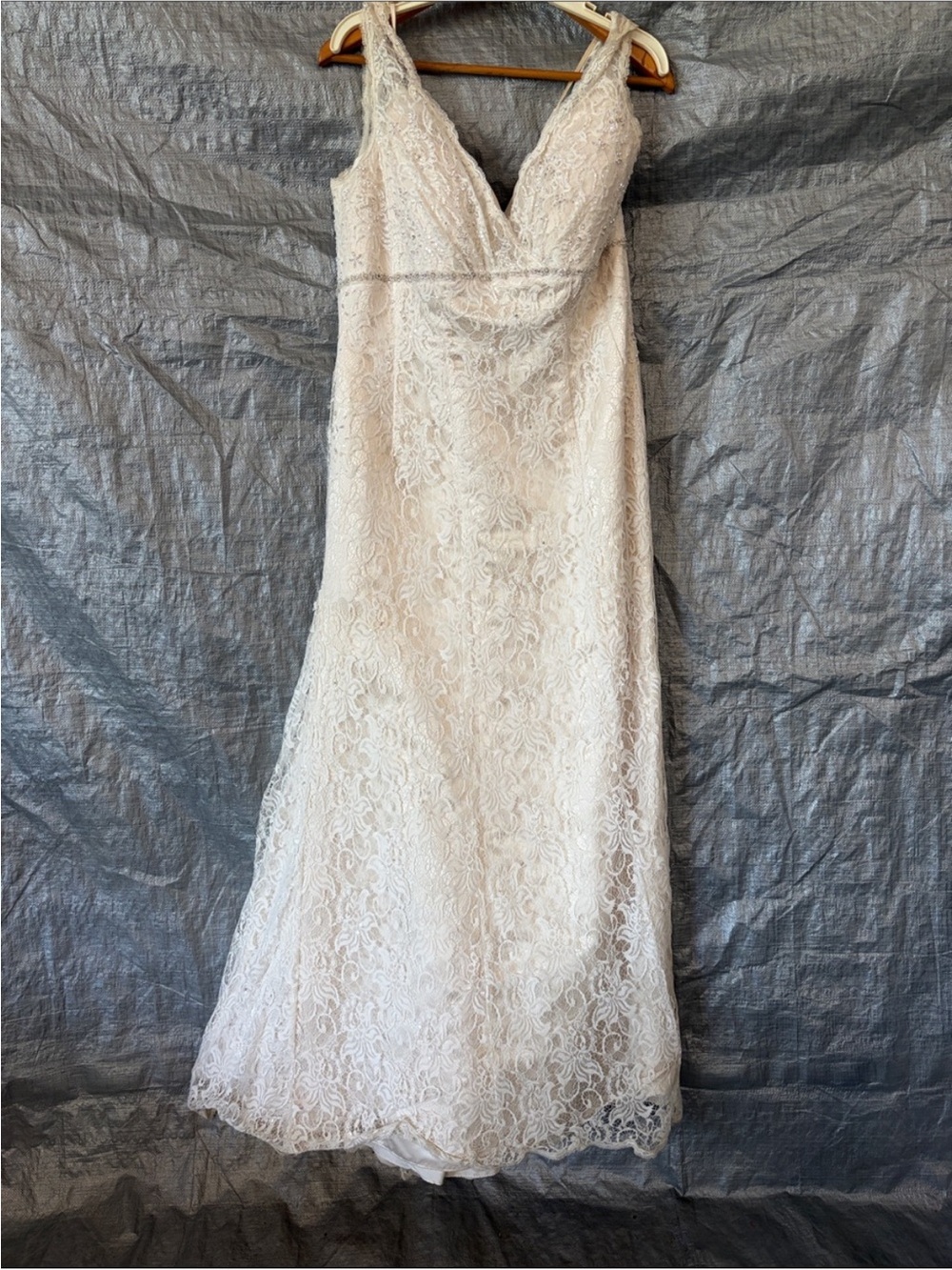 David's Bridal Champagne Lace V-Neck Wedding Dress